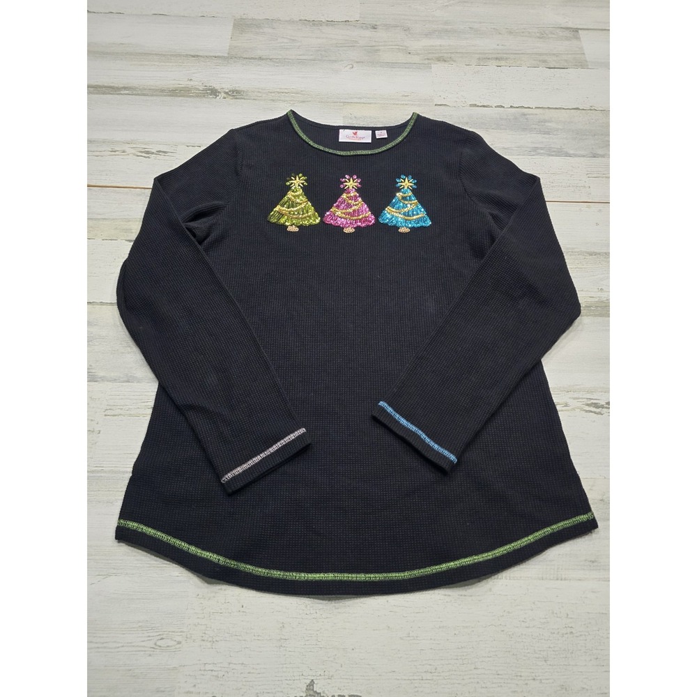 Quacker Factory Womens Black Waffle Knit Sequin Christmas Tree Thermal Top S